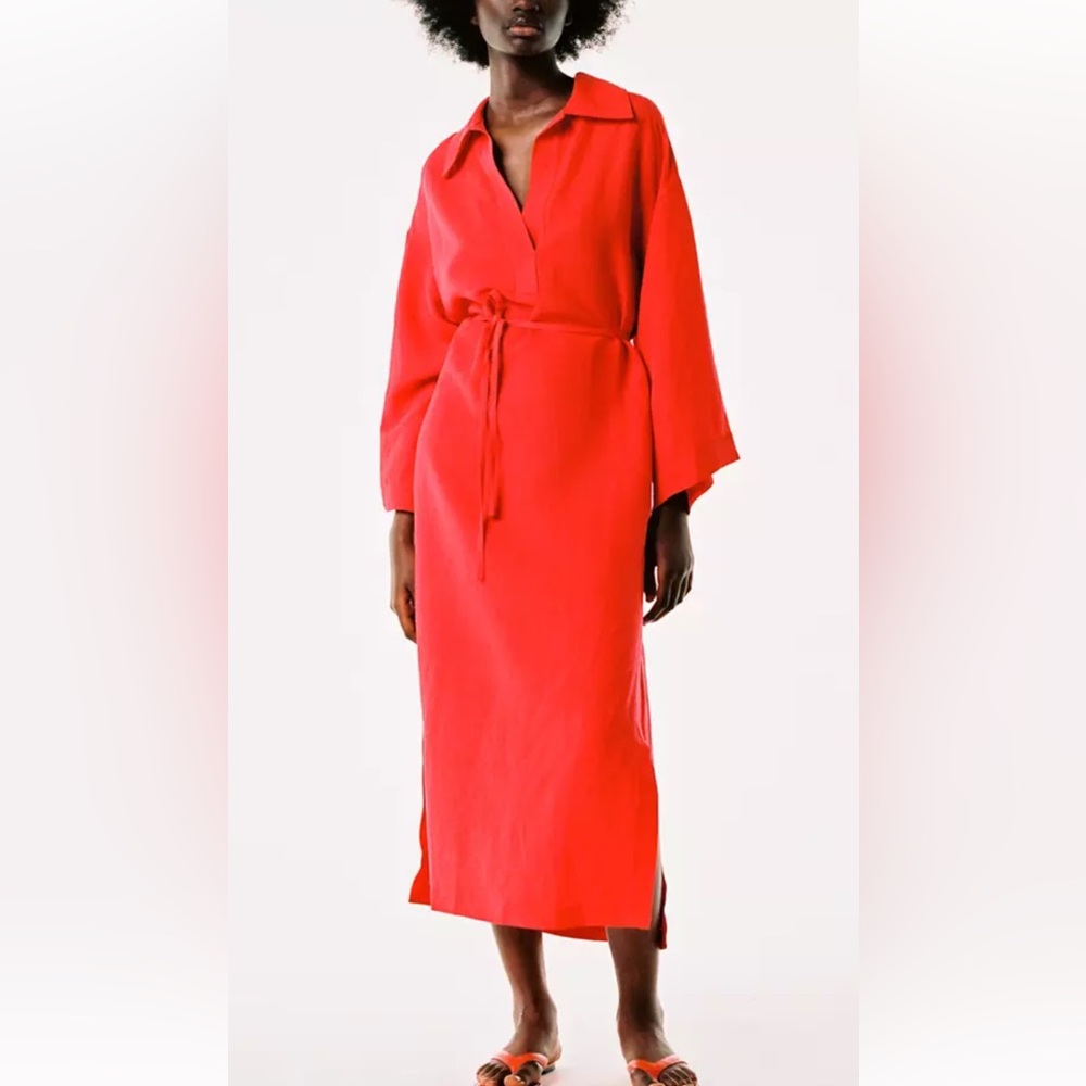 Zara SS21 Long Linen Blend Shirt Dress Red Belt Kaftan Tunic Size S